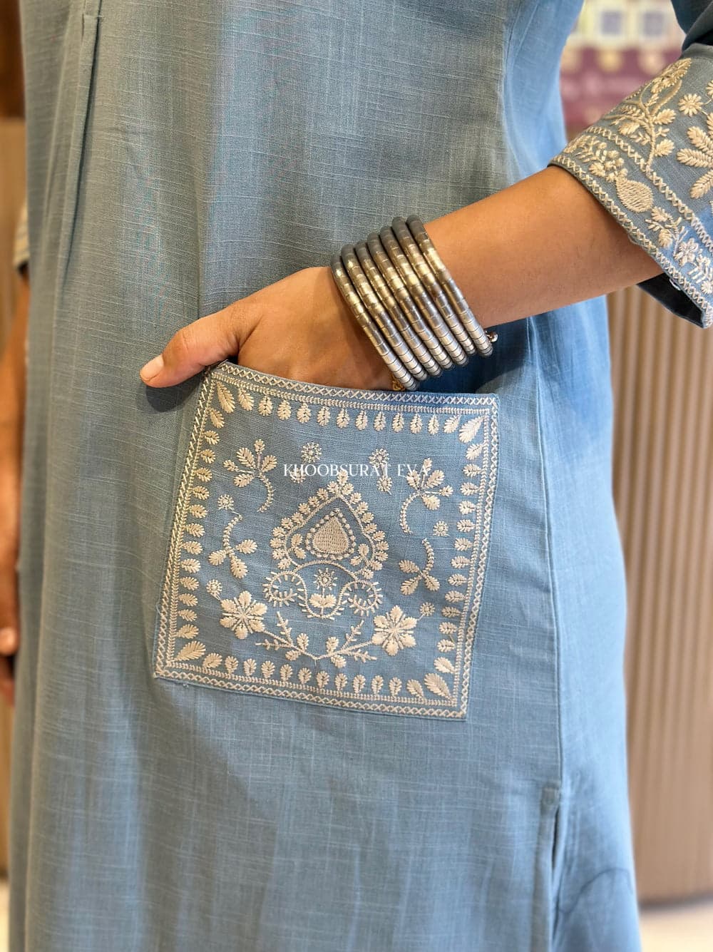 JK Fashion Elegant Sky Blue Embroidered Cotton Kurta Set