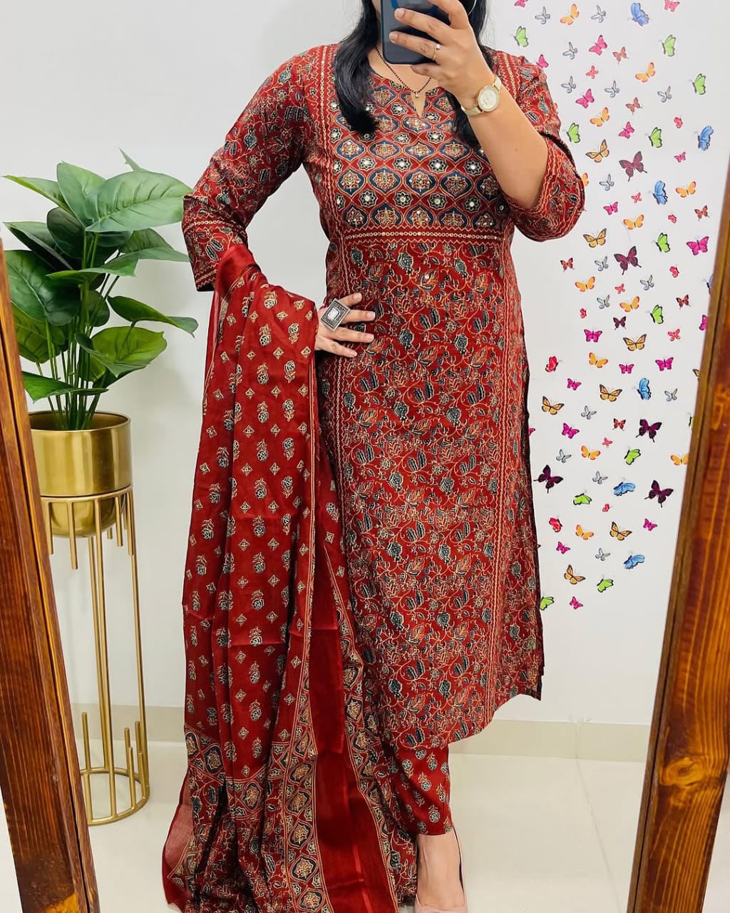 New Floral Kurti With Pant And Dupatta Set