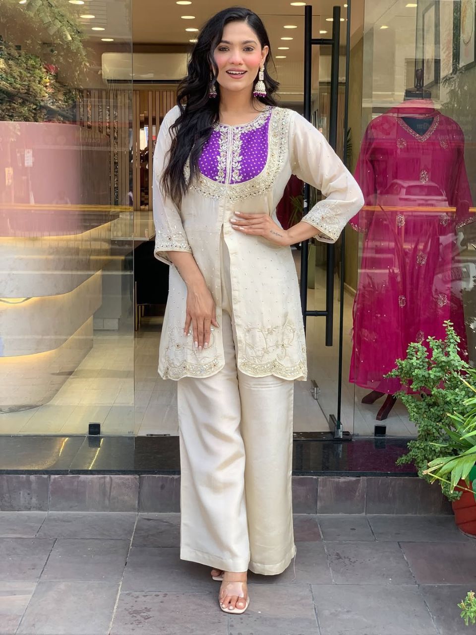 Cream Party Wear Pearl Embroidery Work Readymade Plazzo Suit
