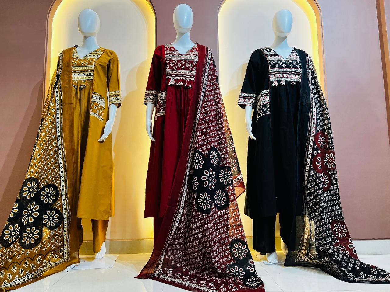 Women's Mustard Yellow Block Print A-Line Suit Set