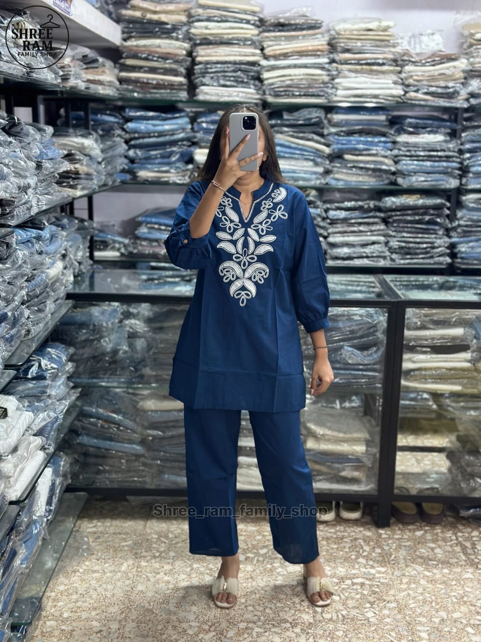 Women's Straight Cotton Blue Co-ord Set with Embroidery